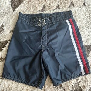 Birdwell Navy Swim Board Shorts with Red and White Side Stripes